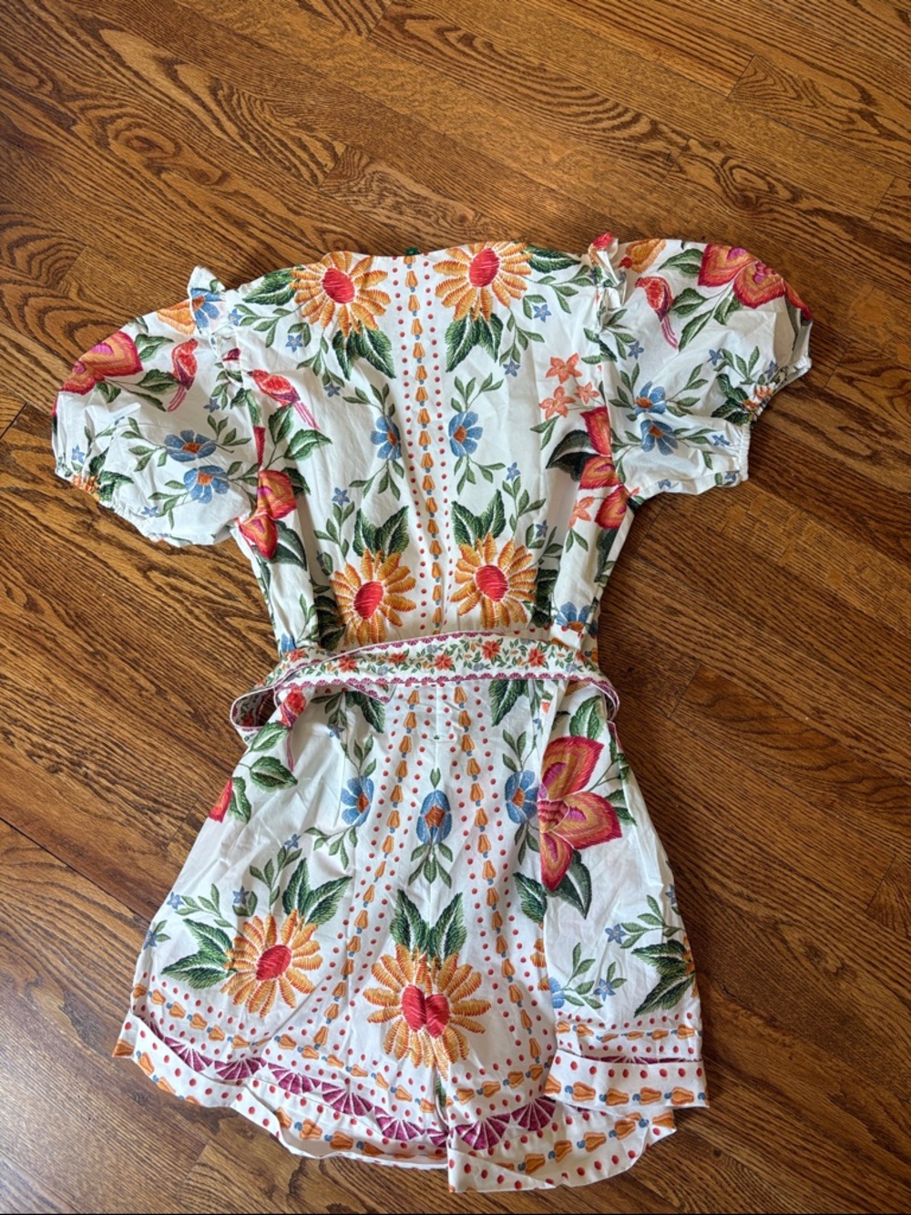 FARM Rio White Floral Embroidered V-Neck Romper with Orange & Green Accents - Picture 4 of 4